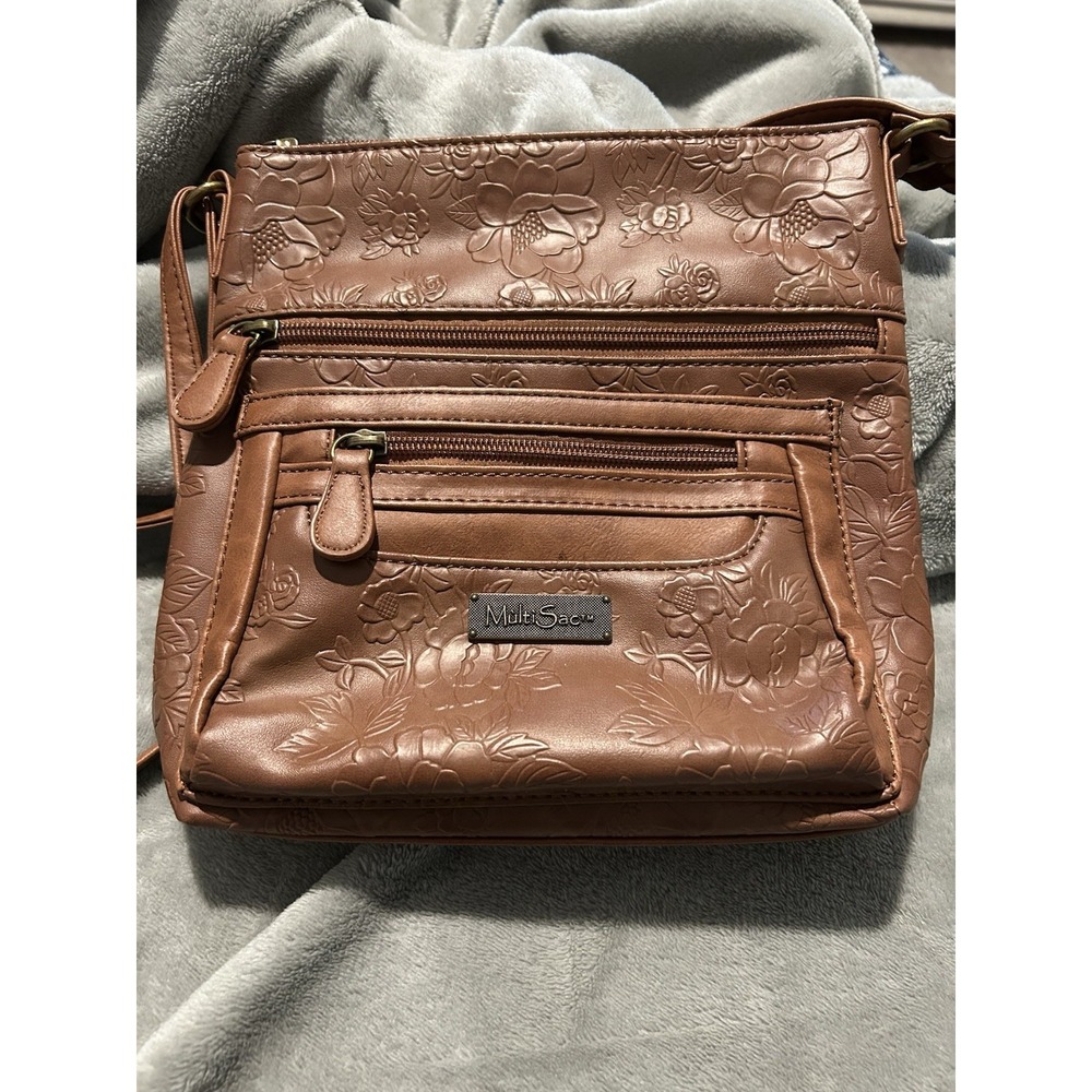 MultiSac Over Shoulder Cross body Brown Purse Adjustable Flower Details NWOT